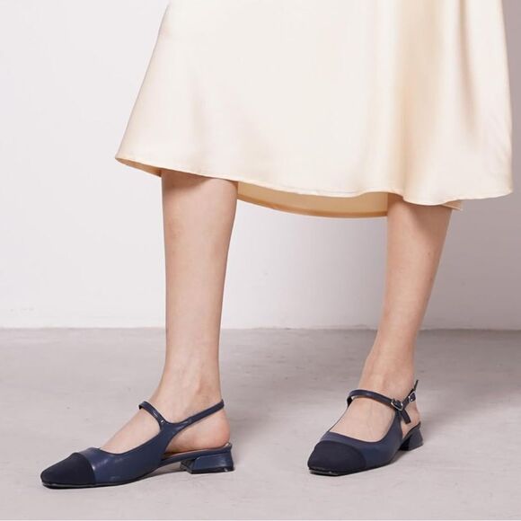 C.Paravano Navy Leather Square Toe Slingback Flats - Picture 5 of 9